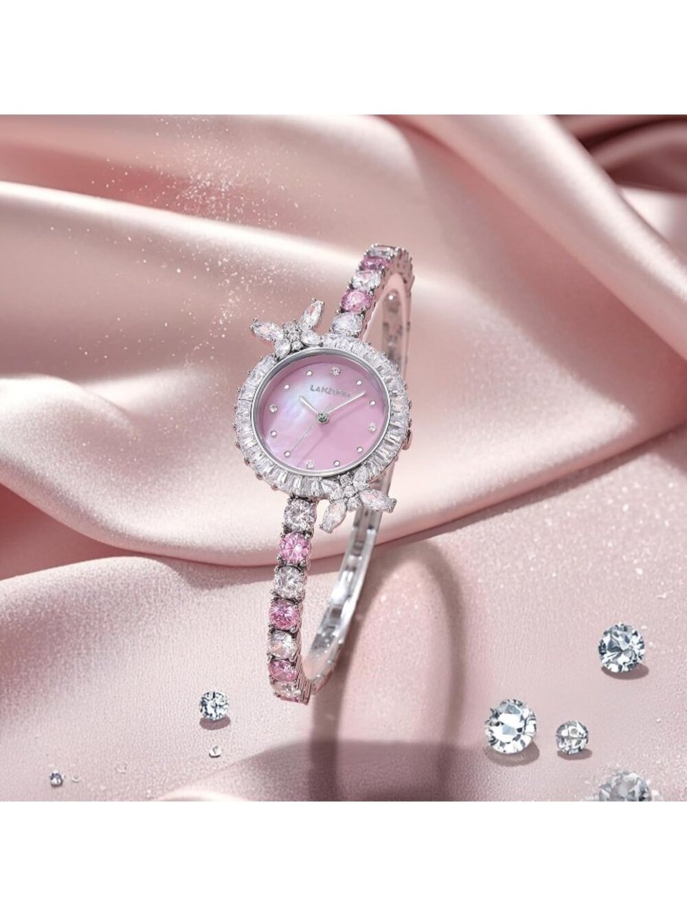 Women's Silver Round Butterfly Crystal with Pink Nacre Dial Sparkling Watch - Picture 2 of 5
